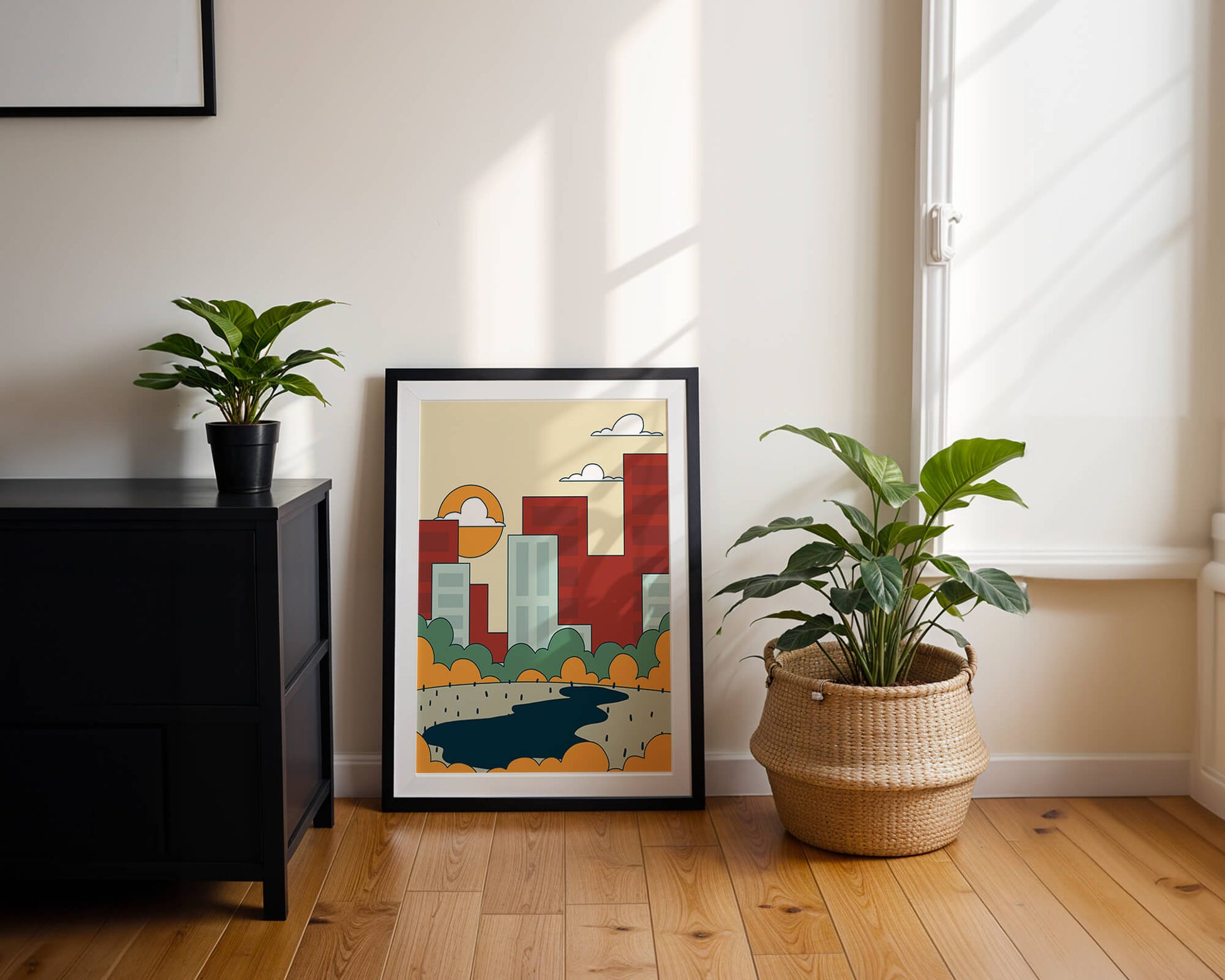 Cityscape At Sunset With Park And Lake