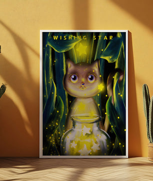 Cat under starry night in a magical forest setting