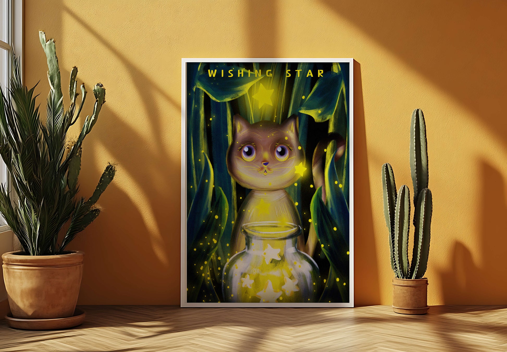Cat under starry night in a magical forest setting