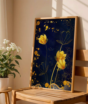 Elegant floral artwork with golden accents on deep blue background