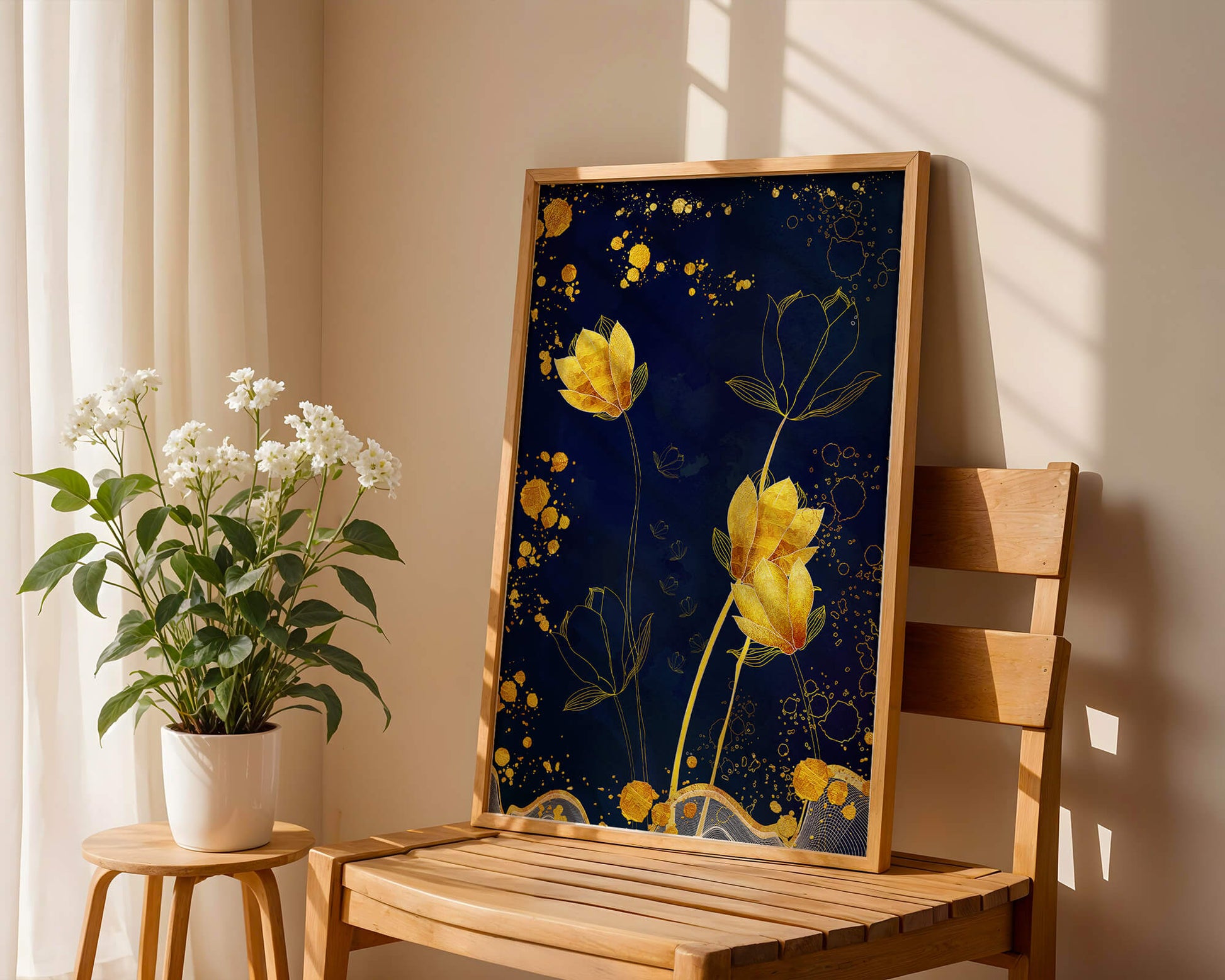 Elegant floral artwork with golden accents on deep blue background