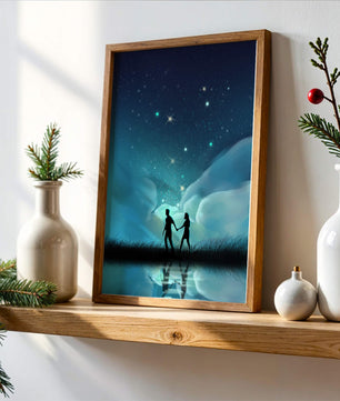 Pareja romántica paseando bajo la noche estrellada con reflejos celestiales