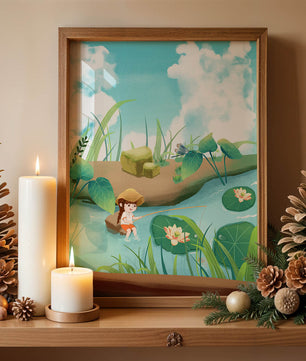 Ruhige Illustration eines Kindes, das an einem Teich mit Seerosen angelt