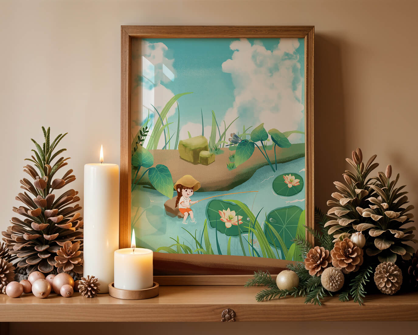 Ruhige Illustration eines Kindes, das an einem Teich mit Seerosen angelt