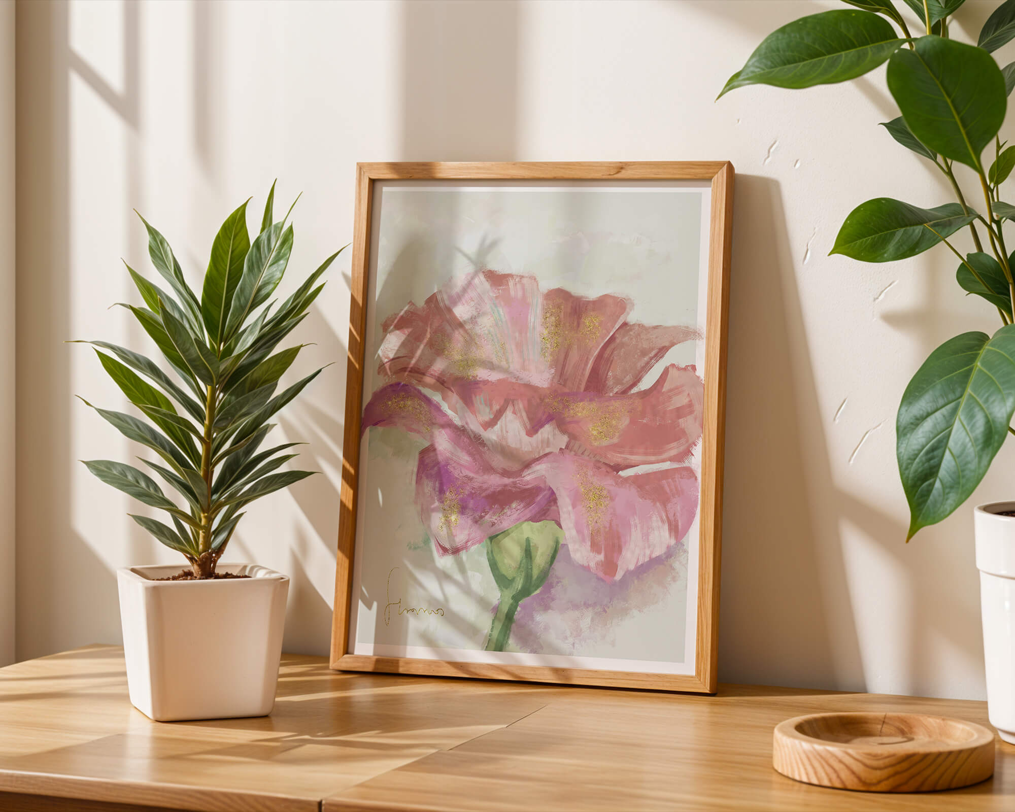 Vibrant pink flower with golden accents in abstract style