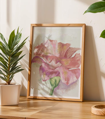Vibrant pink flower with golden accents in abstract style