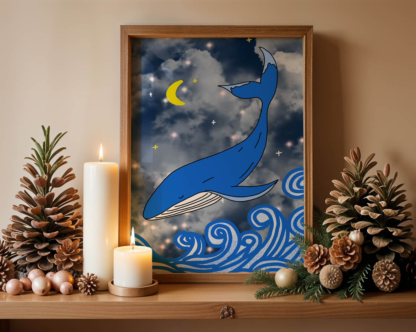Whimsical blue whale in a starry night ocean scene