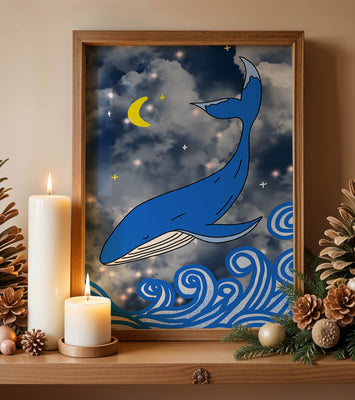 Whimsical blue whale in a starry night ocean scene