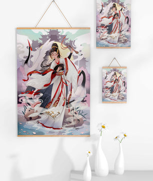 Elegant Asian Artistry with a Crane and Traditional Attire