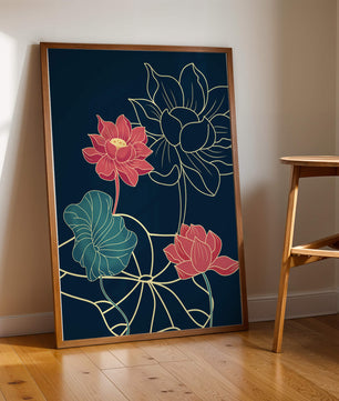 Vibrant Lotus Flowers on Dark Background with Gold Outline