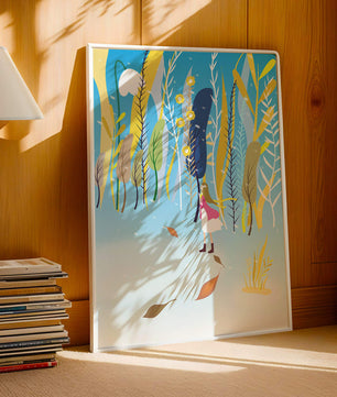 Whimsical scene with girl in colorful abstract forest