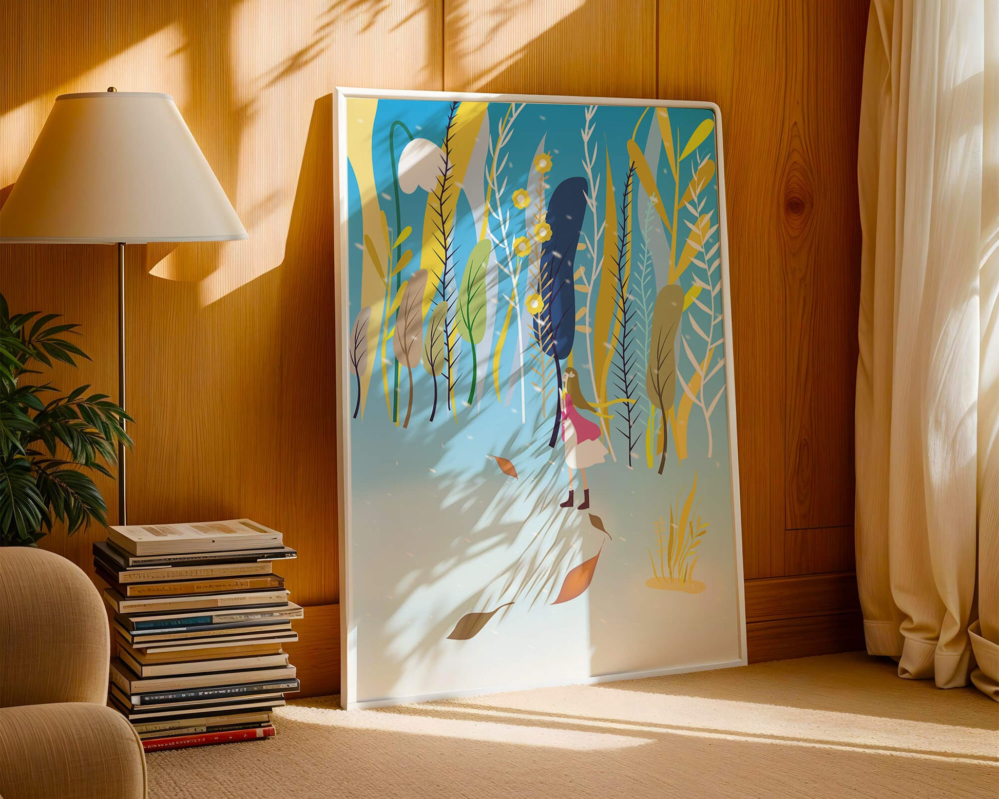 Whimsical scene with girl in colorful abstract forest