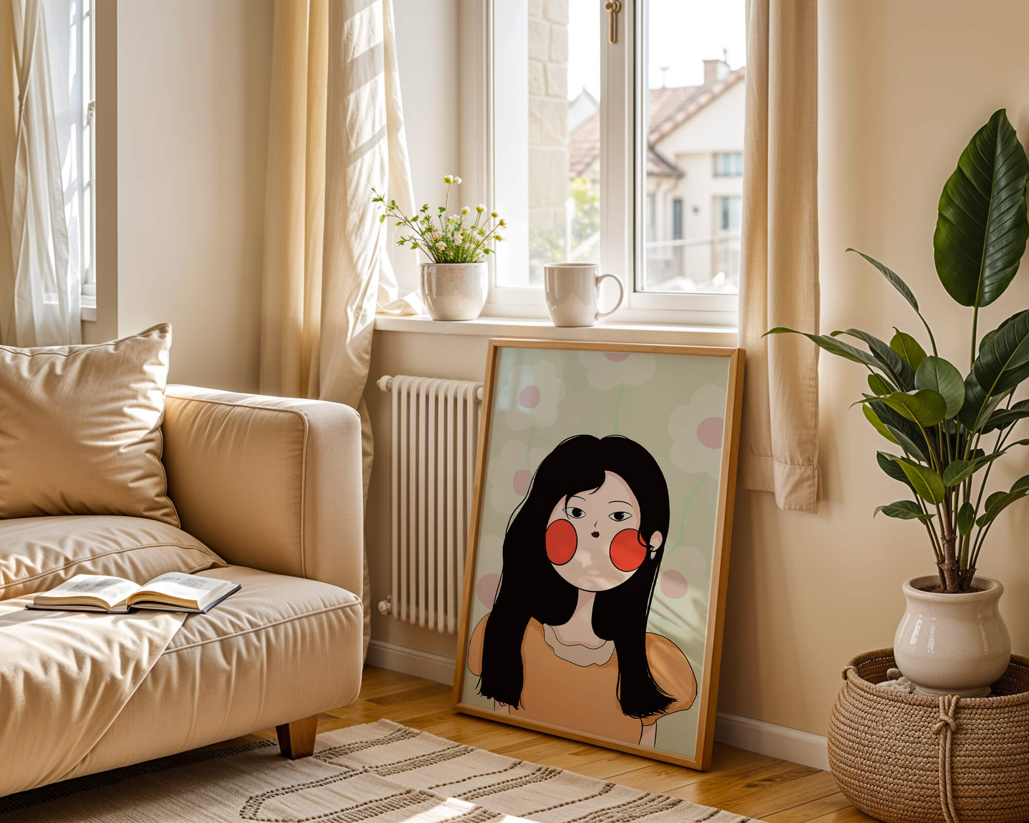 Charming illustration of a young woman with floral background