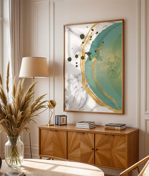 Elegant abstract design with gold accents and teal hues