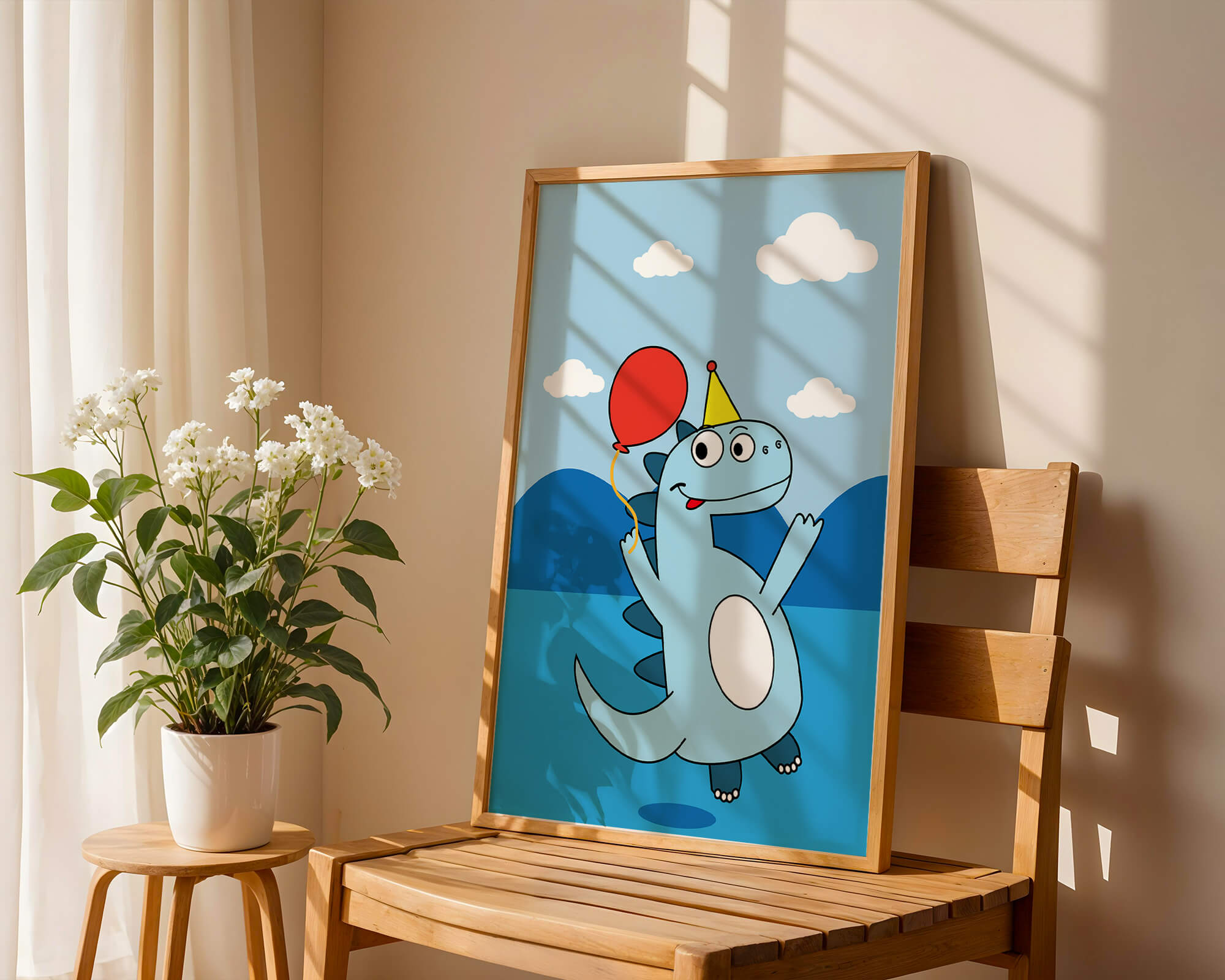 Playful dinosaur with party hat and balloon in a cheerful landscape