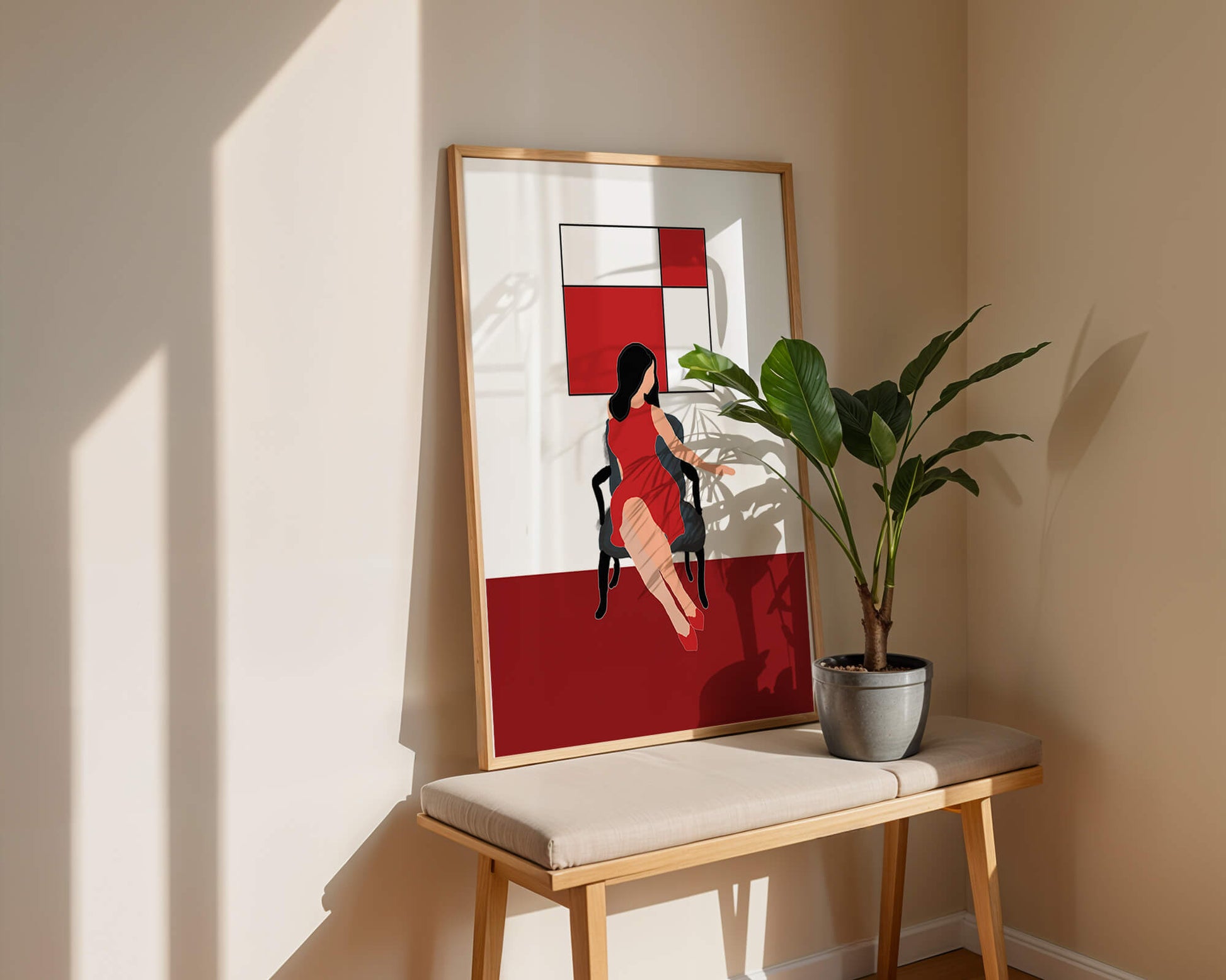 Mujer abstracta en vestido rojo sentada en una silla con arte geométrico en la pared