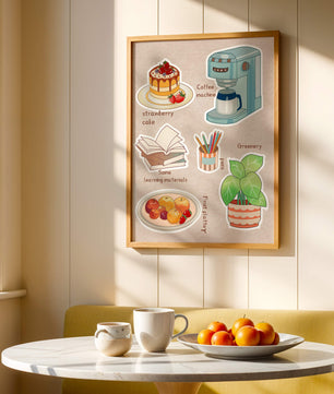 Elementos esenciales del hogar acogedor que incluyen pastel de fresa, cafetera y materiales de estudio