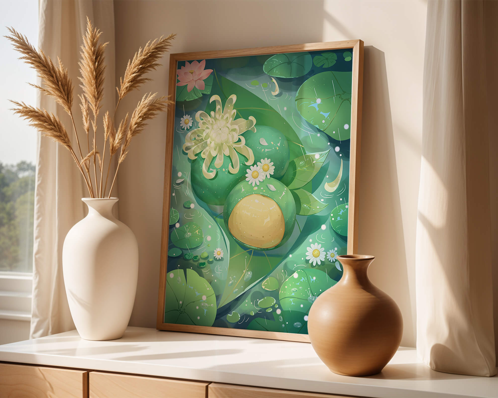 Lush aquatic scene with lotus flowers and green leaves