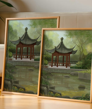Tranquil Asian garden scene with traditional pagoda and serene pond