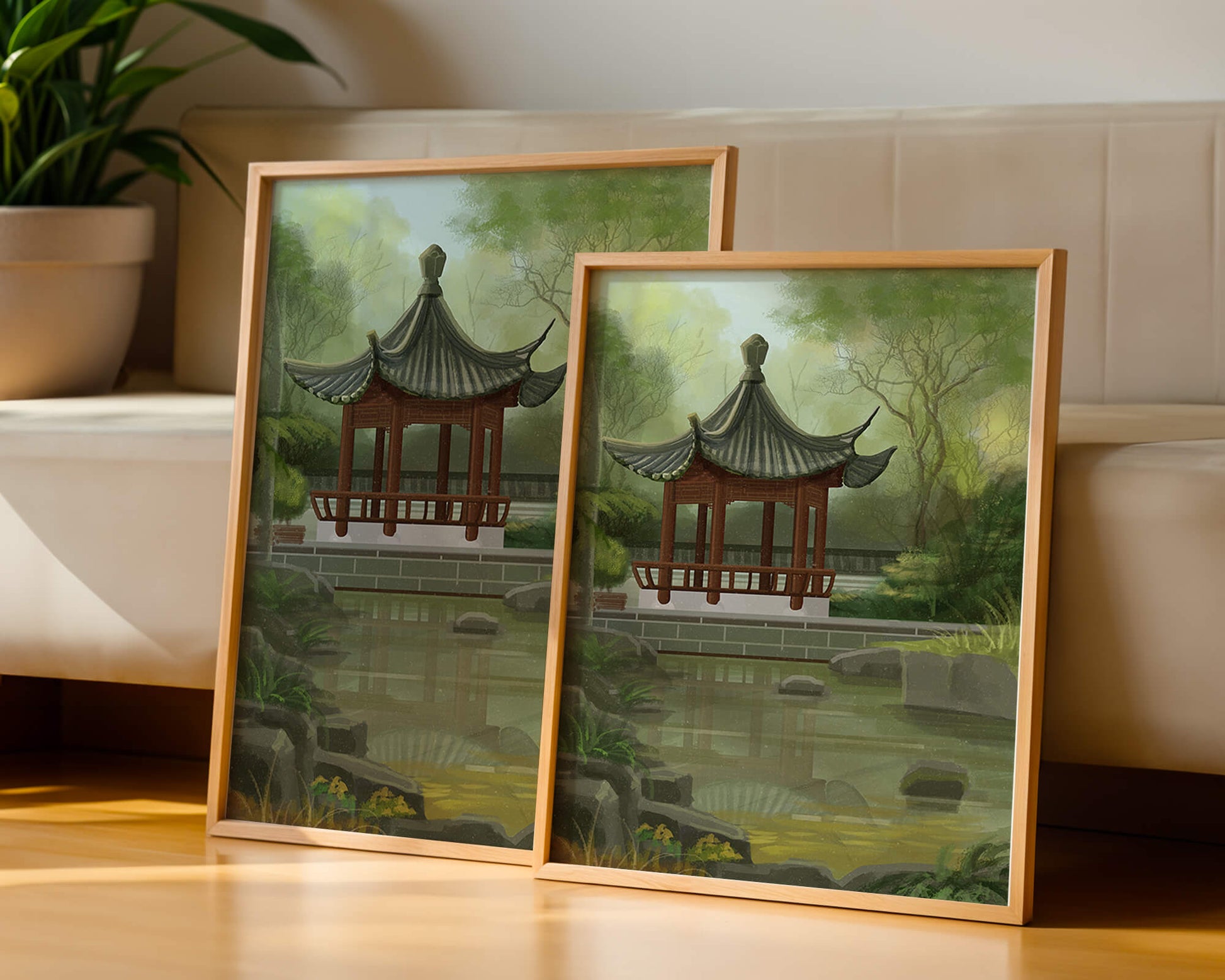 Tranquil Asian garden scene with traditional pagoda and serene pond