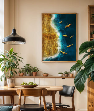 Golden beach landscape with vibrant ocean and flying seabirds