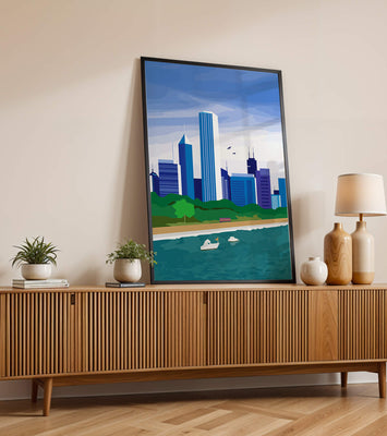 Modern cityscape with skyline and waterfront in a vibrant style