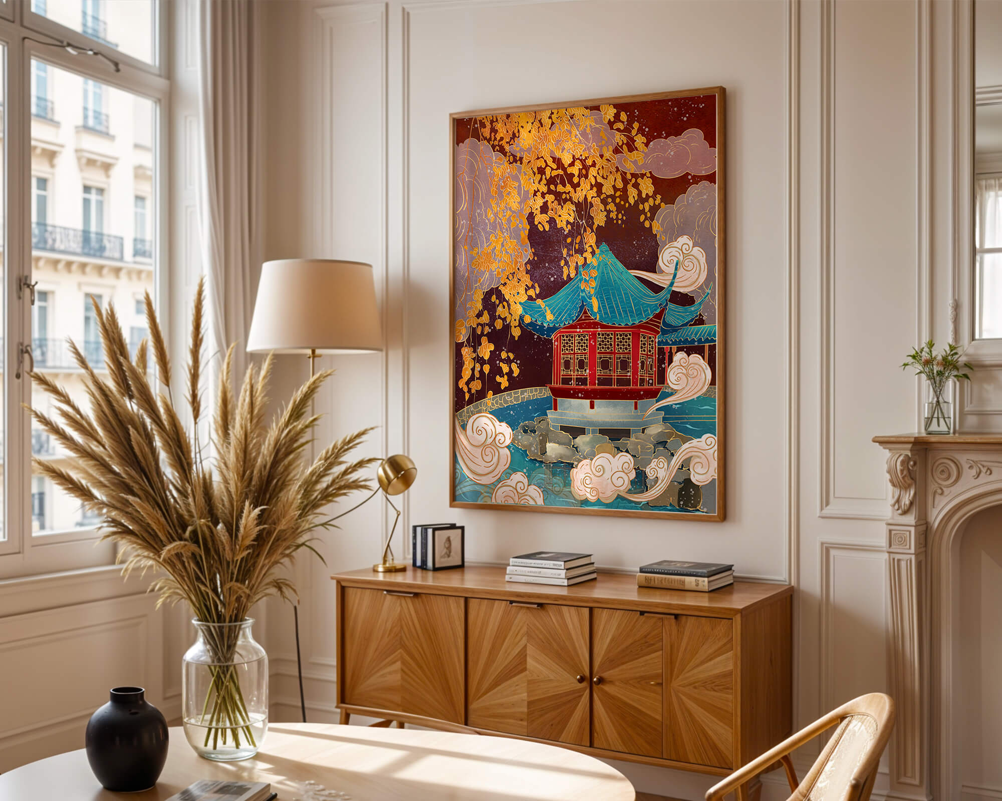 Pabellón chino tradicional con hojas doradas y nubes