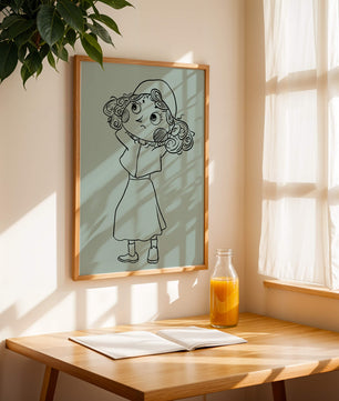 Hand-Drawn Illustration of a Thoughtful Cartoon Character with Curly Hair and a Beanie