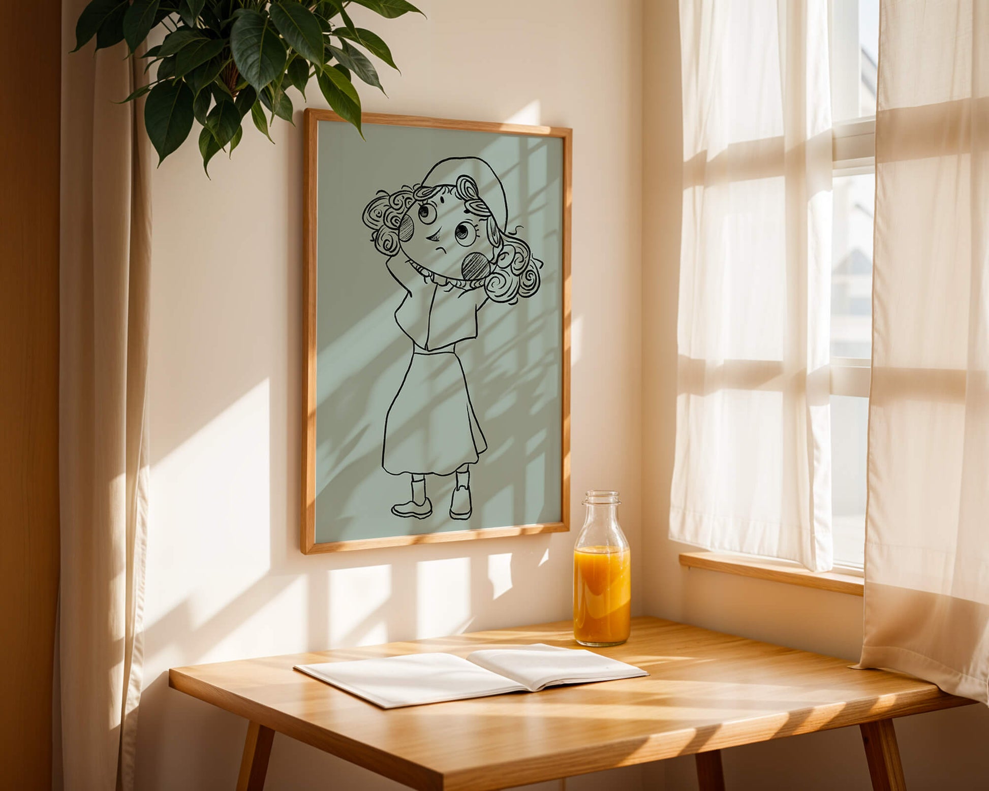 Ilustración a mano de un personaje de dibujos animados pensativo con cabello rizado y gorro