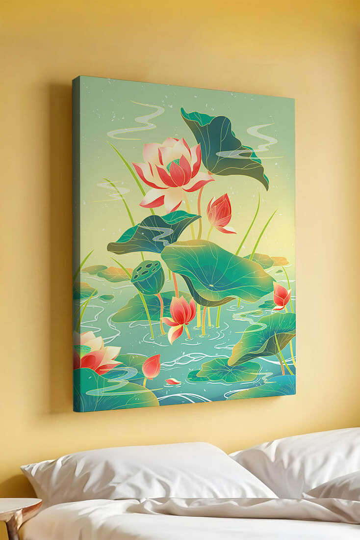 Serene lotus pond with vibrant lilies and lush green leaves
