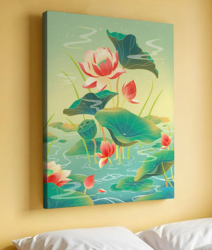 Serene lotus pond with vibrant lilies and lush green leaves