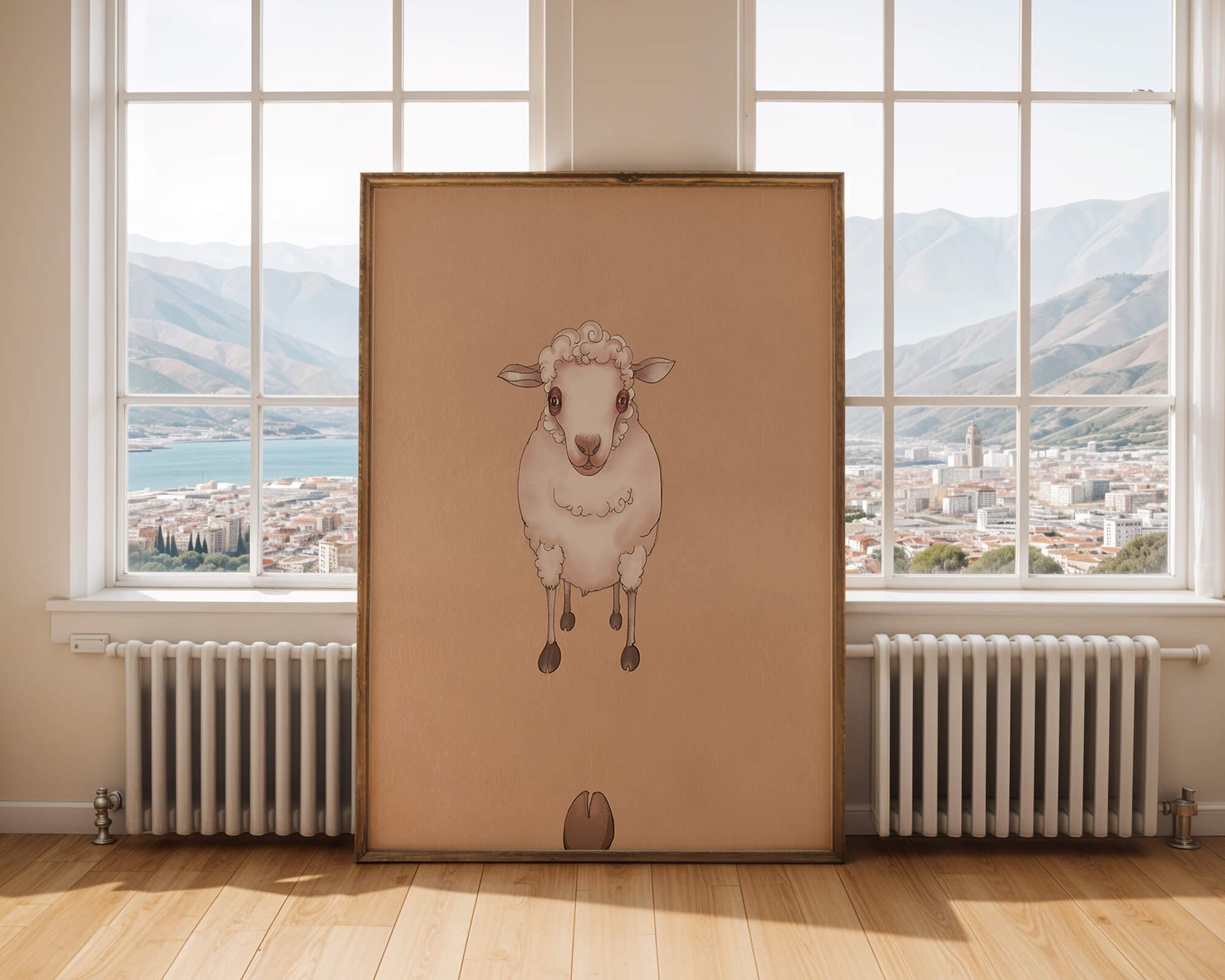 Ilustración de una oveja adorable sobre un fondo texturizado
