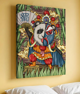 Colorful panda dressed in traditional Chinese opera costume surrounded by bamboo