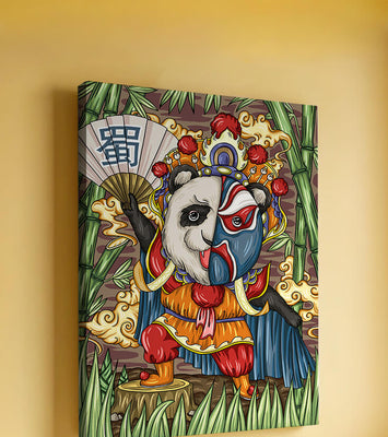 Colorful panda dressed in traditional Chinese opera costume surrounded by bamboo