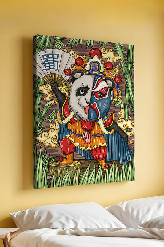 Colorful panda dressed in traditional Chinese opera costume surrounded by bamboo