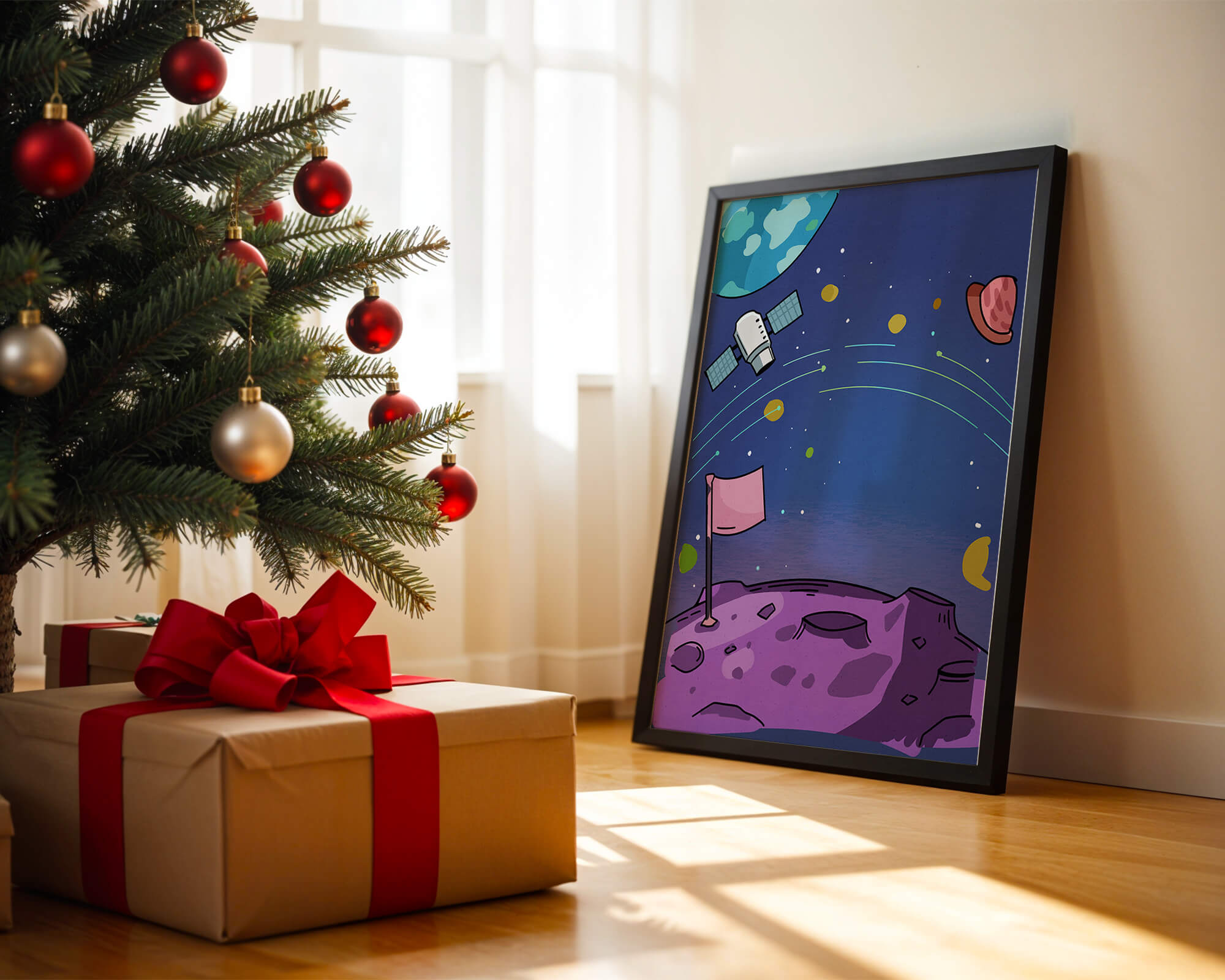 Illustration of outer space scene with planets and satellite