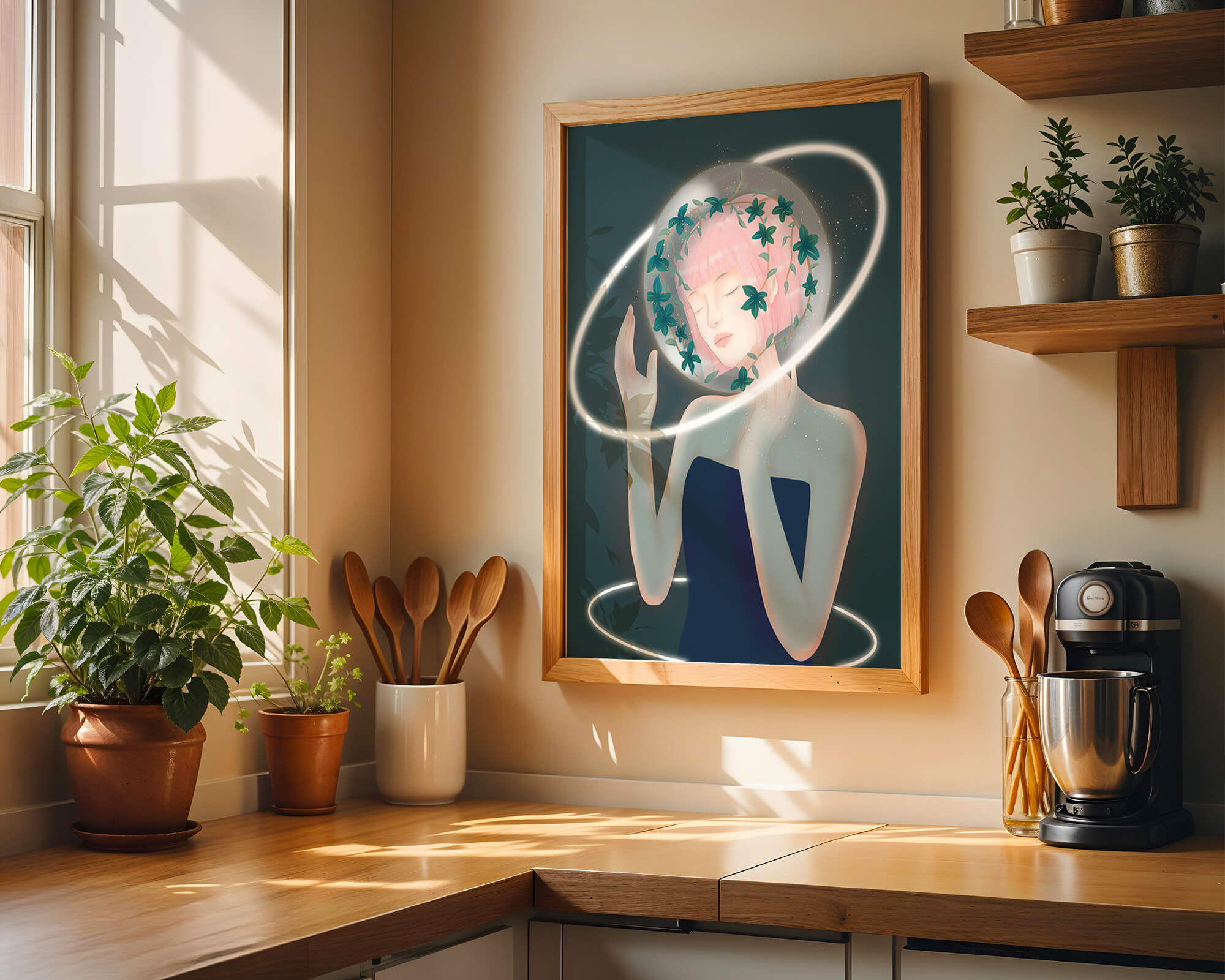 Dreamlike fantasy portrait with ethereal pink-haired figure