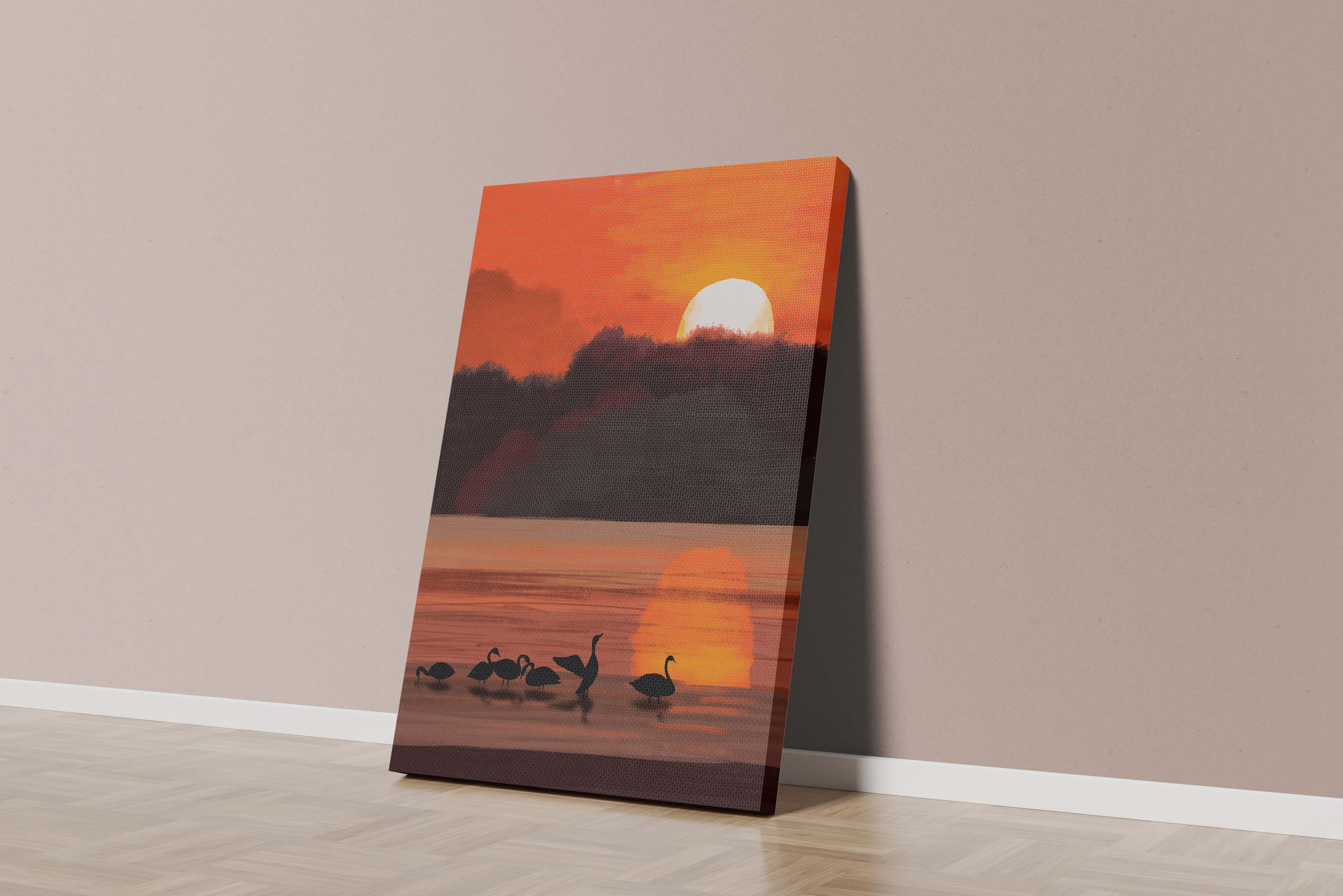 Serene sunset over a lake with silhouetted swans