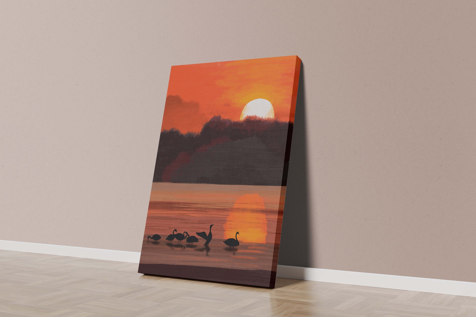 Serene sunset over a lake with silhouetted swans