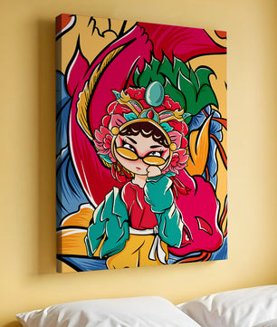 Vibrant illustration featuring a character in traditional costume with dragon elements