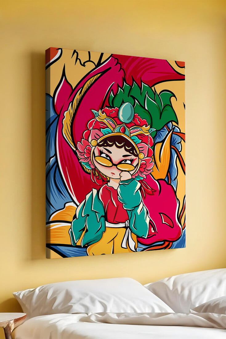 Vibrant illustration featuring a character in traditional costume with dragon elements
