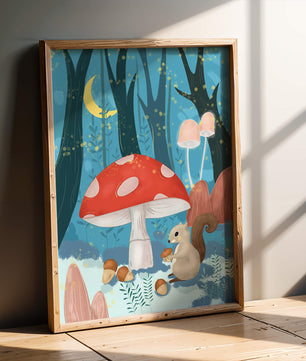 Wunderliche Waldszene mit Eichhörnchen und Pilzen im Mondlicht