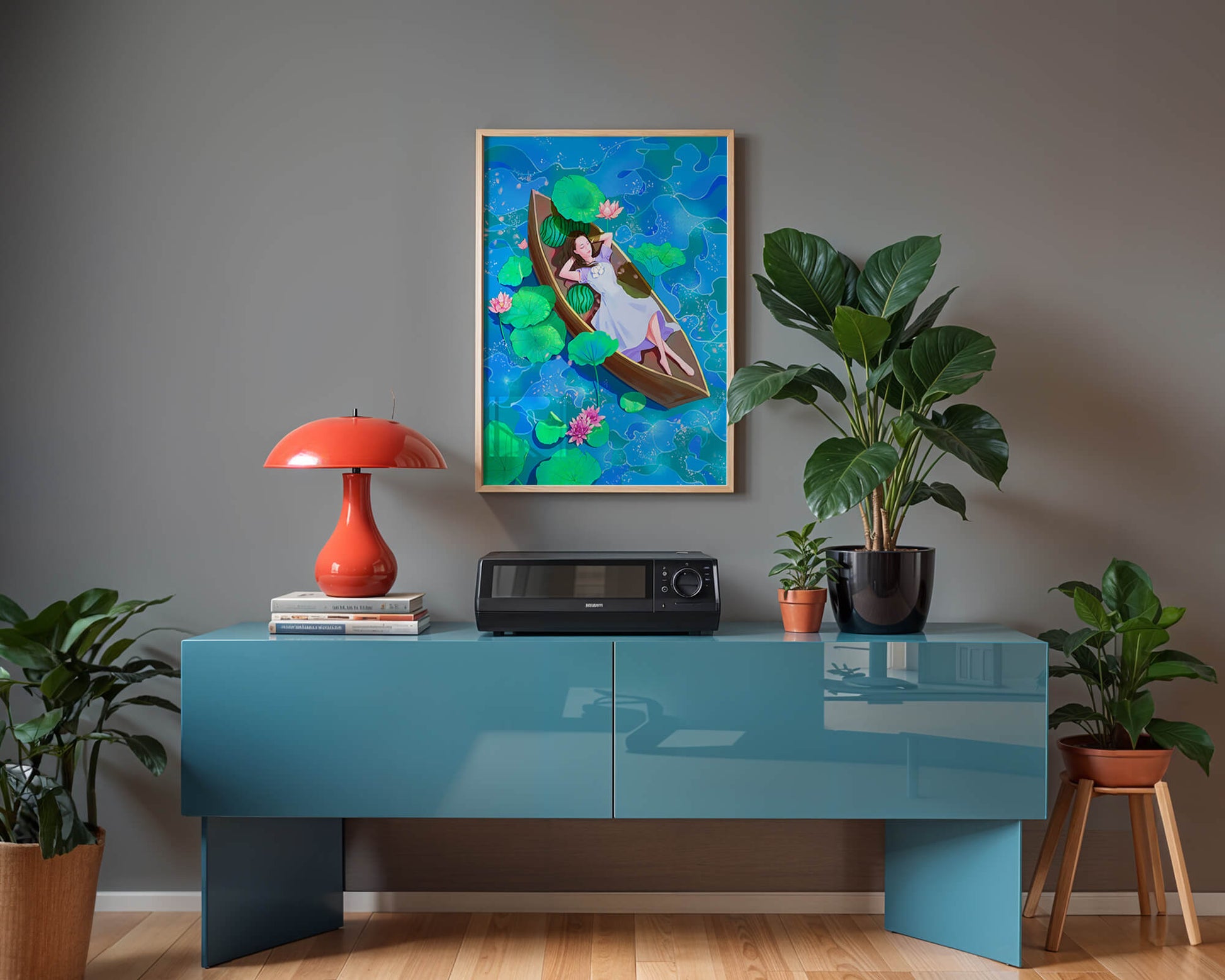 Serene illustration of a girl relaxing in a boat surrounded by lotus leaves and flowers
