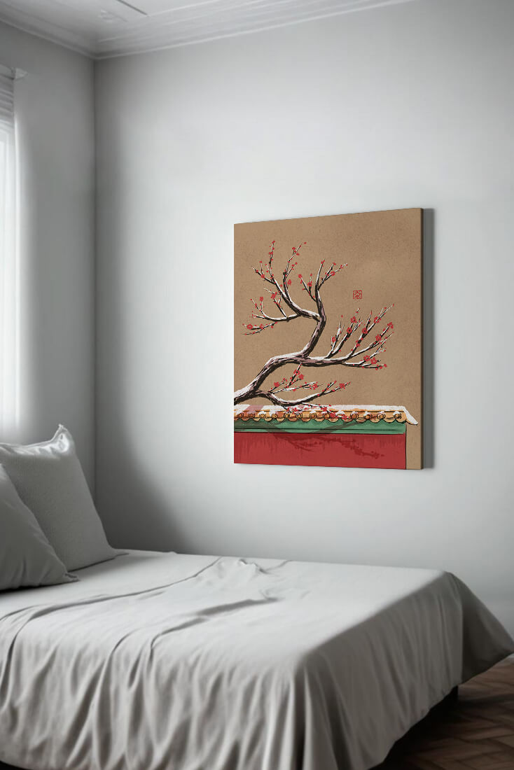 Illustration of blooming plum branch over traditional rooftop