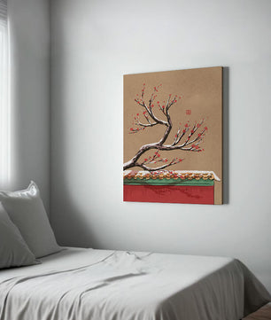 Illustration of blooming plum branch over traditional rooftop
