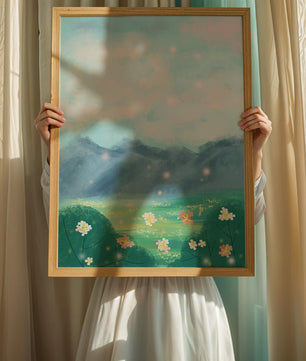 Serene Landscape with Blooming Flowers and Majestic Mountains