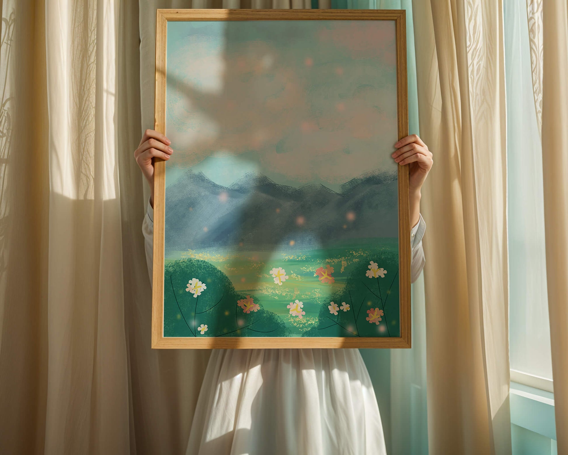 Serene Landscape with Blooming Flowers and Majestic Mountains