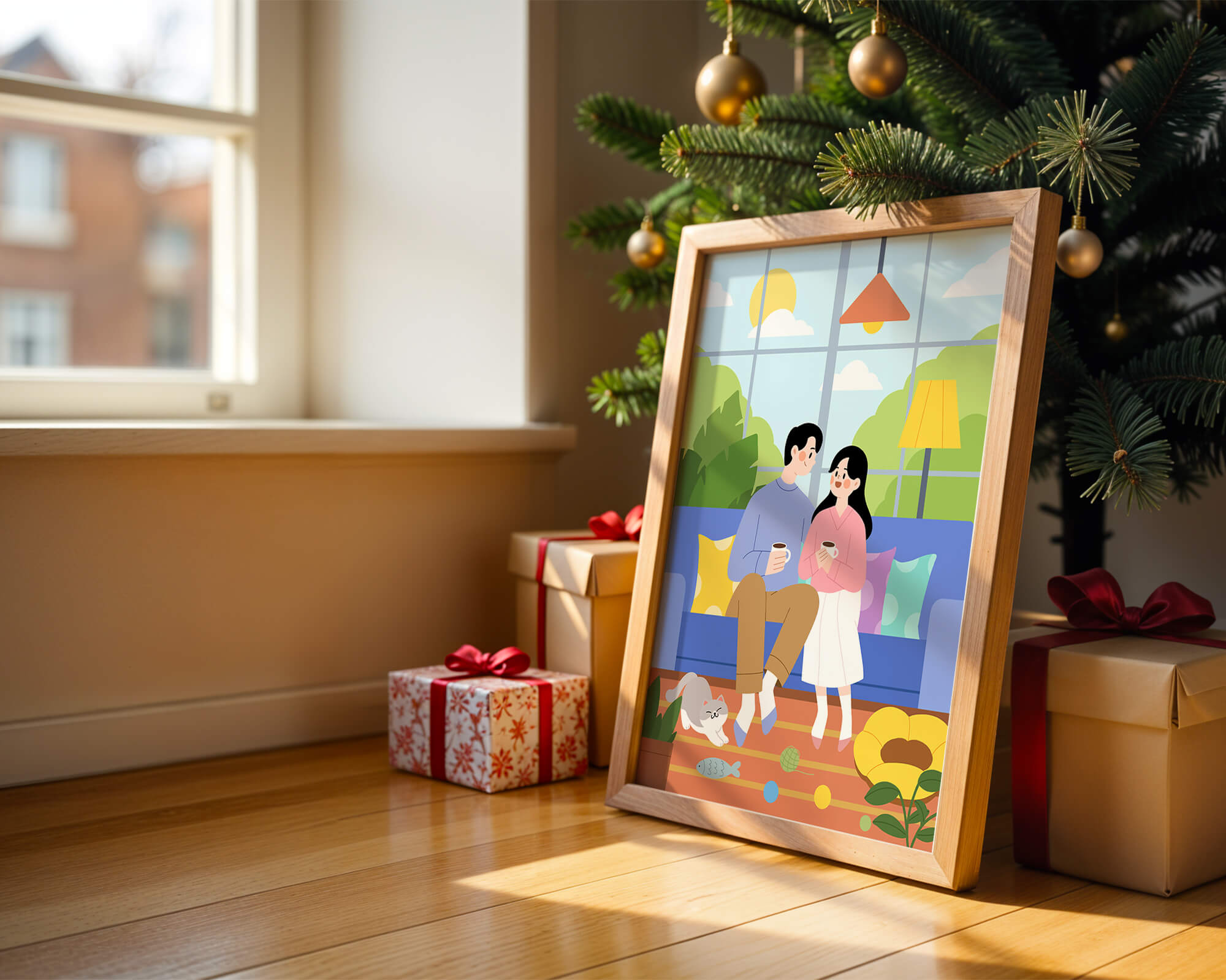 Cozy living room scene with couple and playful cat