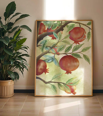 Watercolor illustration of pomegranates on a branch with leaves