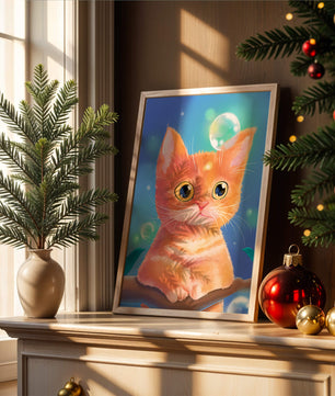 Adorable orange kitten illustration with bubbles and a colorful background